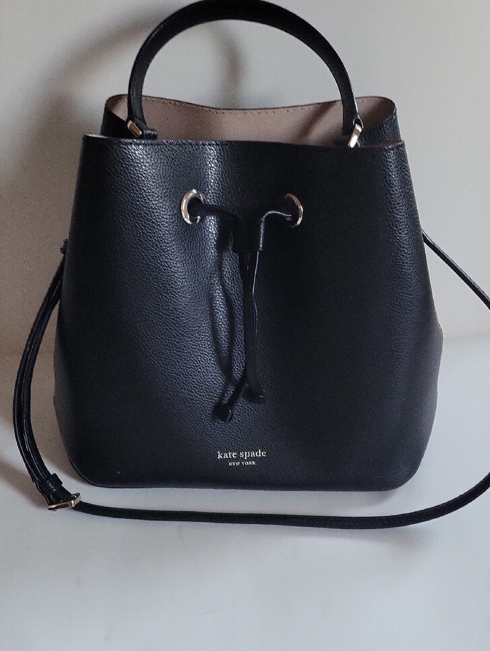 kate spade Black Pebbled Leather Drawstring Bucket Bag